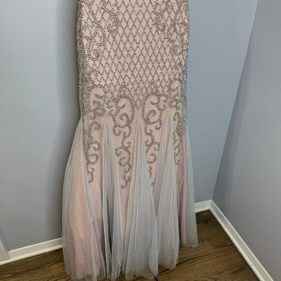 Xscape Beaded Lattice Mermaid Dress with Crisscross Back Pale Pink Prom Womens 4 - Picture 13 of 16